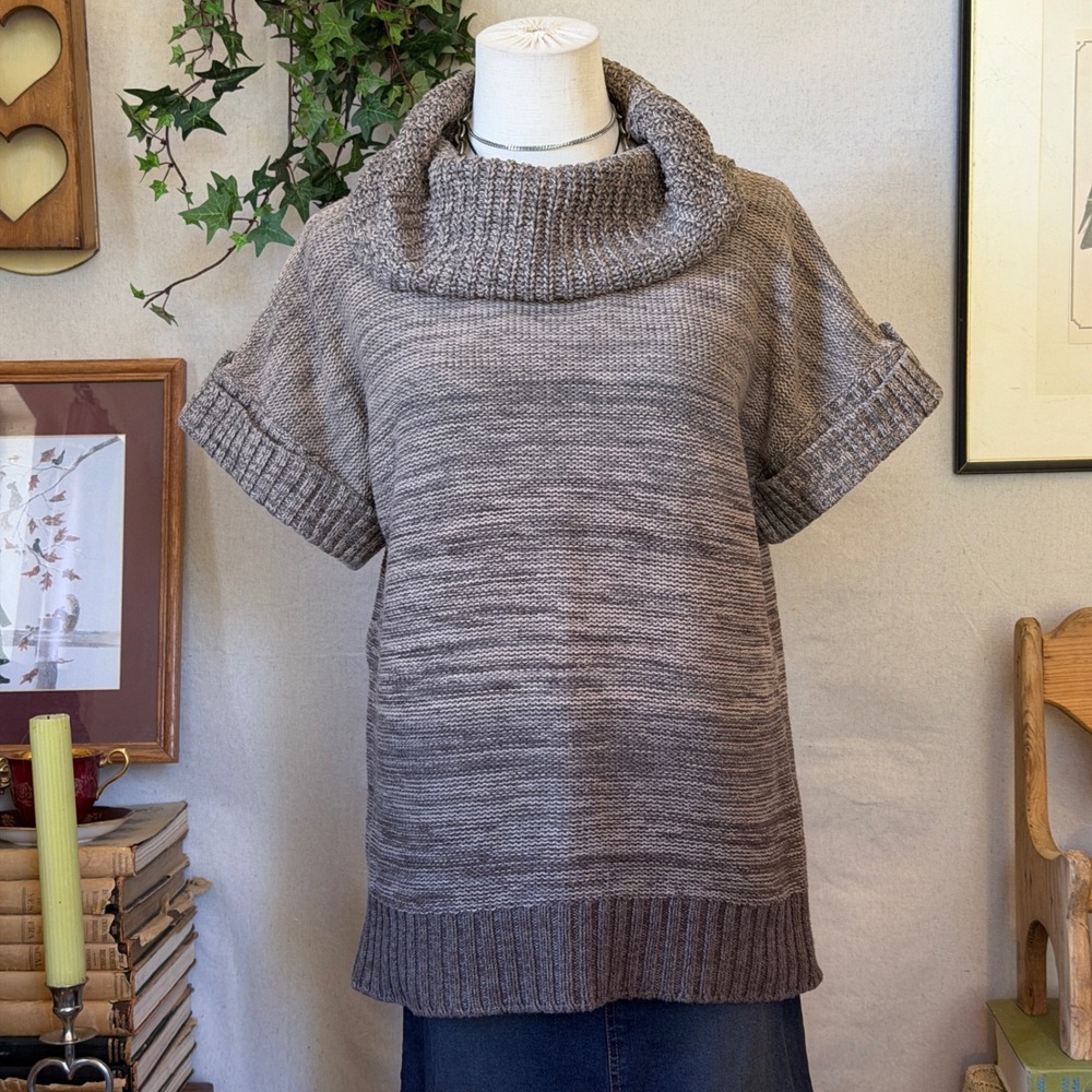 Brown Marl Knit Sweater Cowl Neck Indie Grunge Boho Short Sleeve Layering M